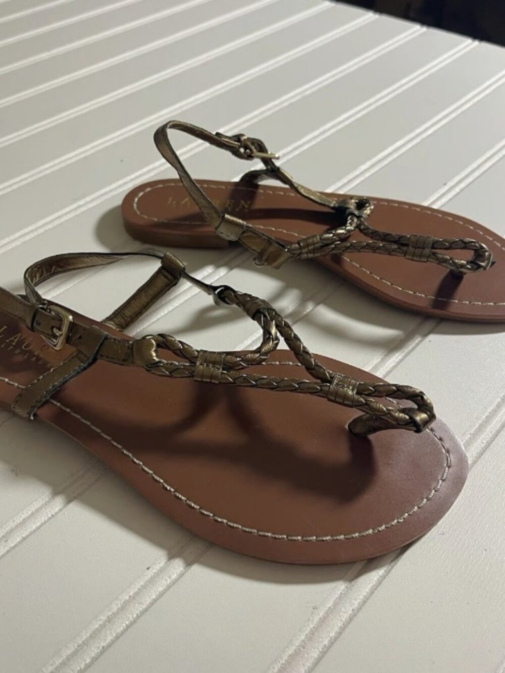 Lauren Ralph Lauren Leather Braided Slingback Thong Sandals Women's 5.5B Gold - Picture 6 of 12